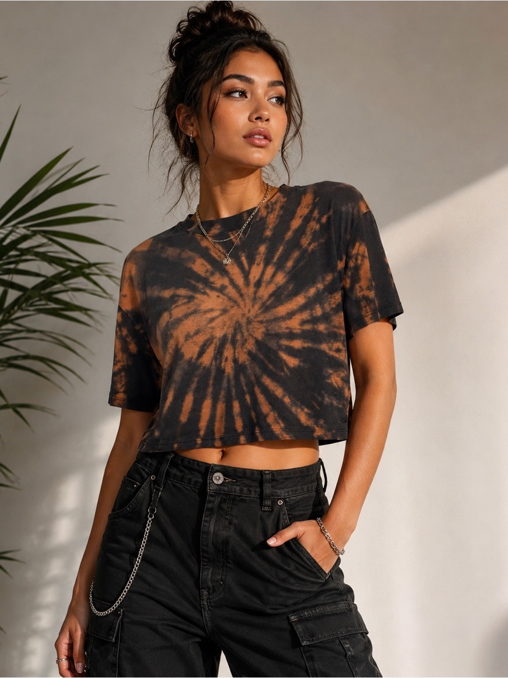 Hollister Tie Dye Crop Tee XS Black Orange Y2K Streetwear